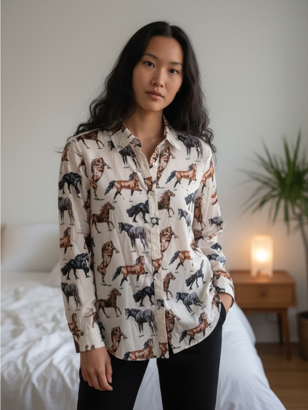 Novelty Horse-Print Button-Down Shirt for Women S